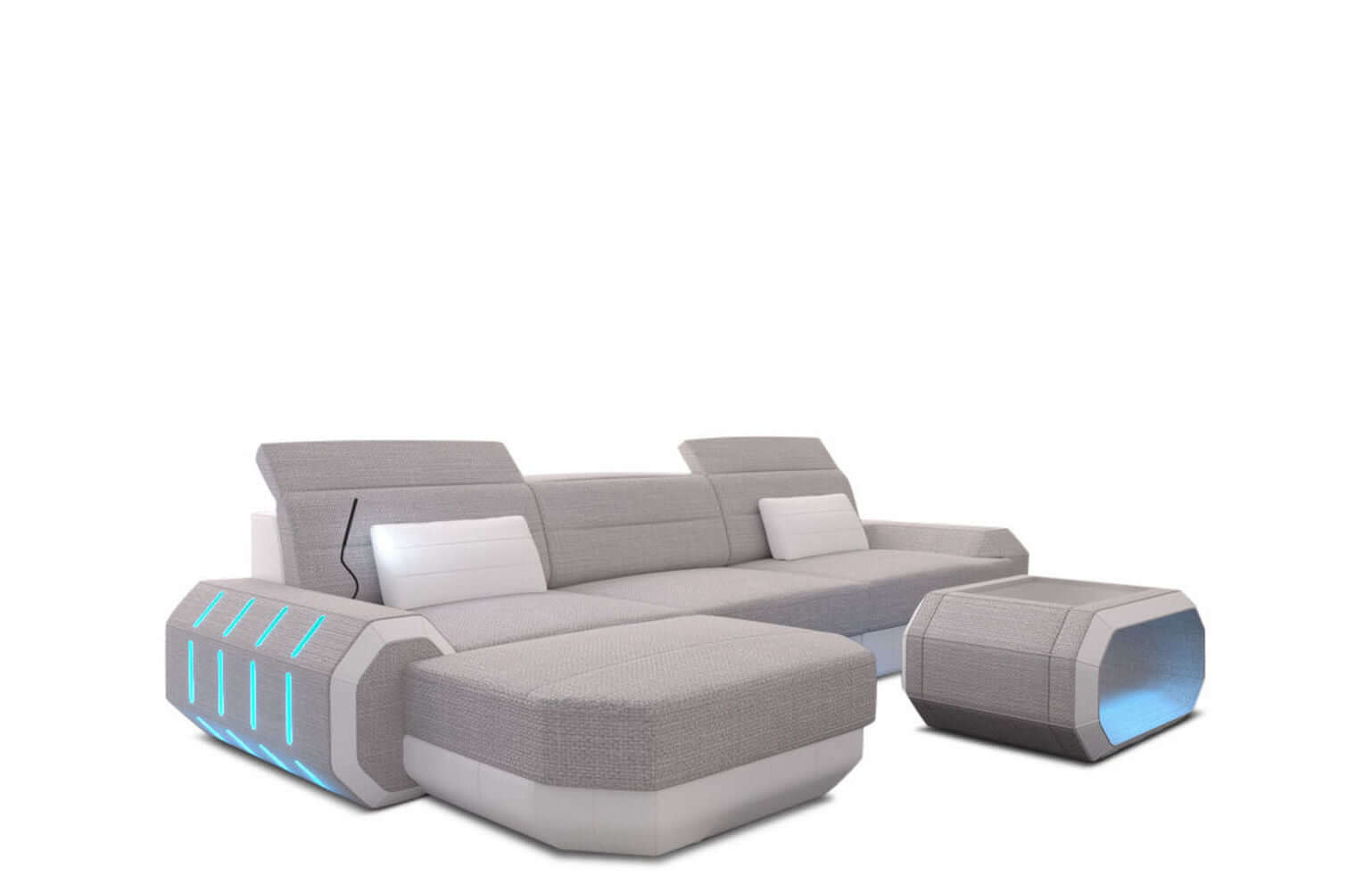 Design Stoffsofa Roma L-Form, Led Macchiato-Weiß