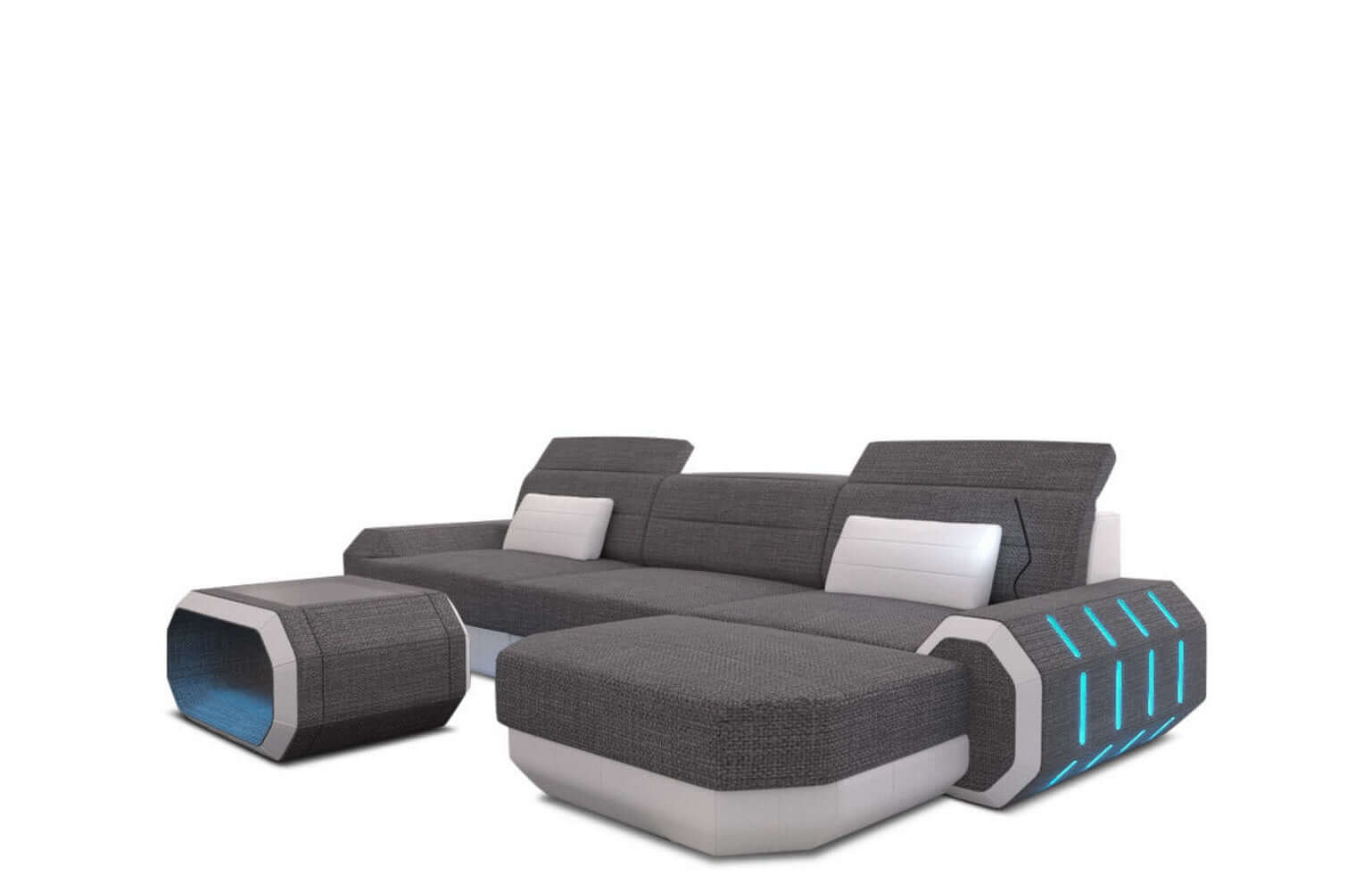 Design Stoffsofa Roma L-Form, Led Grau-Weiß