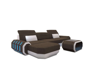 Design Stoffsofa Roma L-Form, Led in Strukturstoff und der Farbe Braun und Weiß - Ausrichtung links