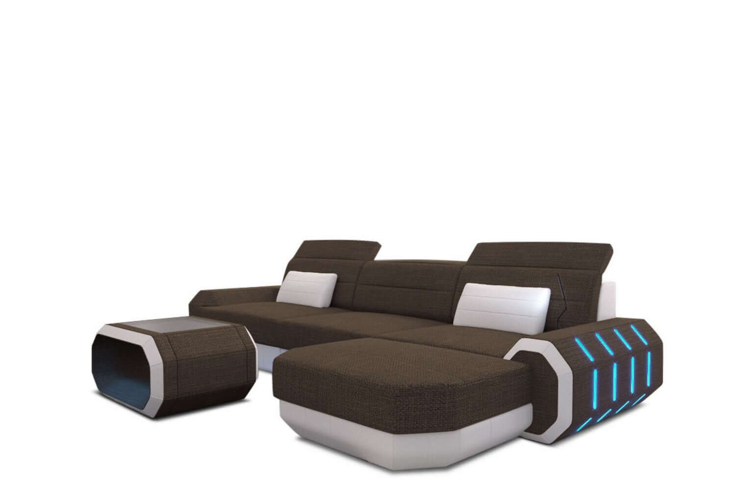 Design Stoffsofa Roma L-Form, Led Braun-Weiß