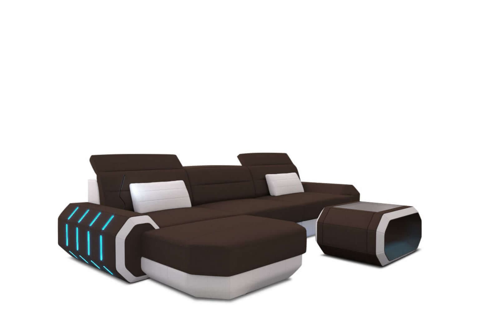 Design Stoffsofa Roma L-Form, Led Dunkelbraun-Weiß