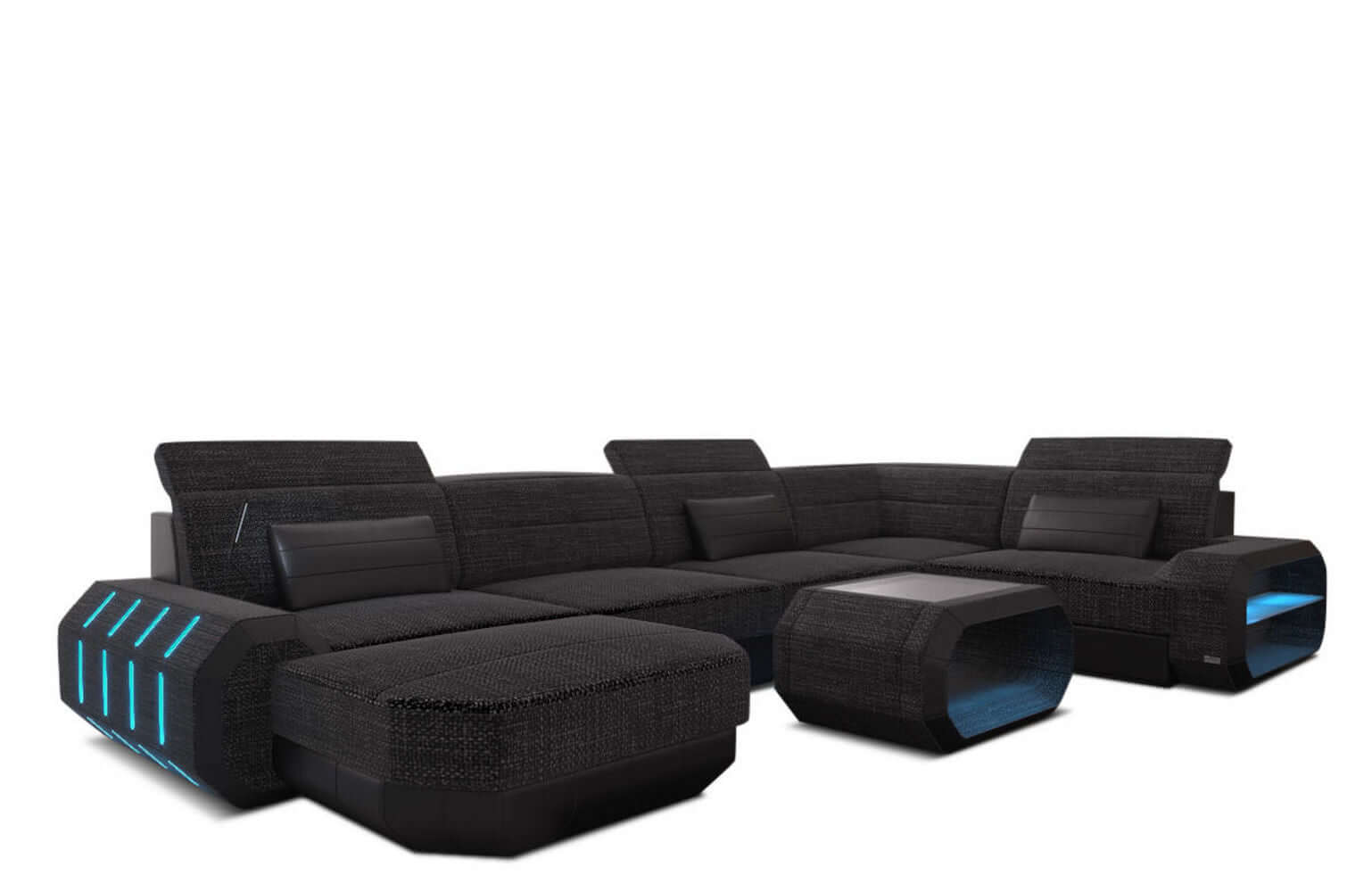 Stoff Wohnlandschaft Roma U-Form mit LED Schwarzgrau-Schwarz