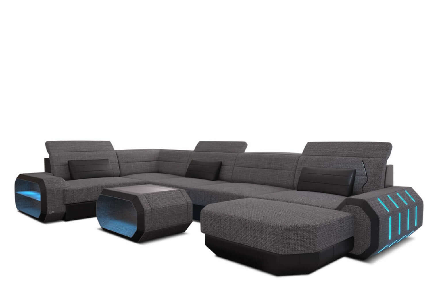 Stoff Wohnlandschaft Roma U-Form mit LED Grau-Schwarz