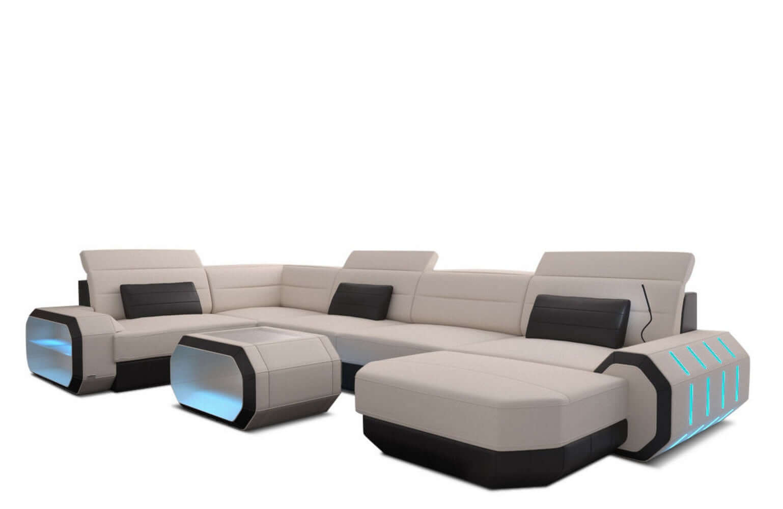 Stoff Wohnlandschaft Roma U-Form mit LED Elfenbein-Schwarz