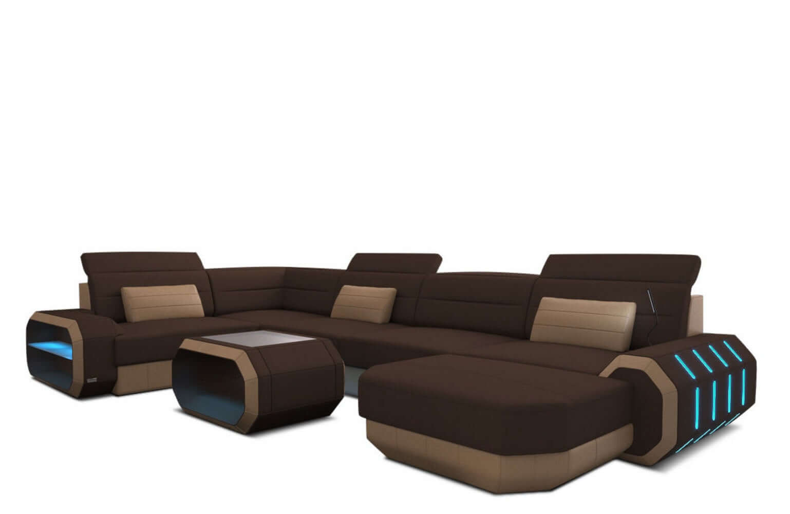 Stoff Wohnlandschaft Roma U-Form mit LED Dunkelbraun-Sandbeige