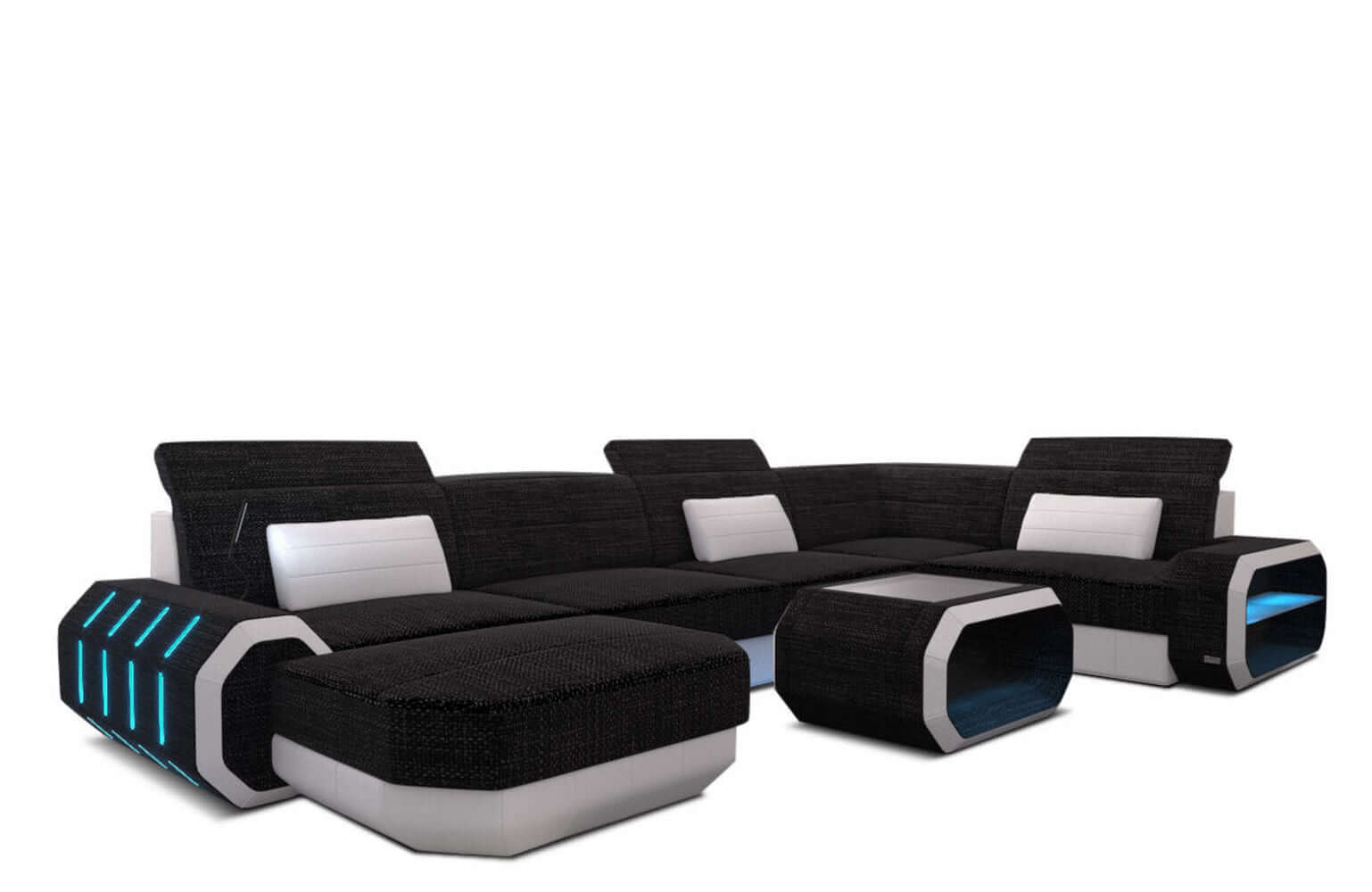 Stoff Wohnlandschaft Roma U-Form mit LED Dunkelgrau-Weiß
