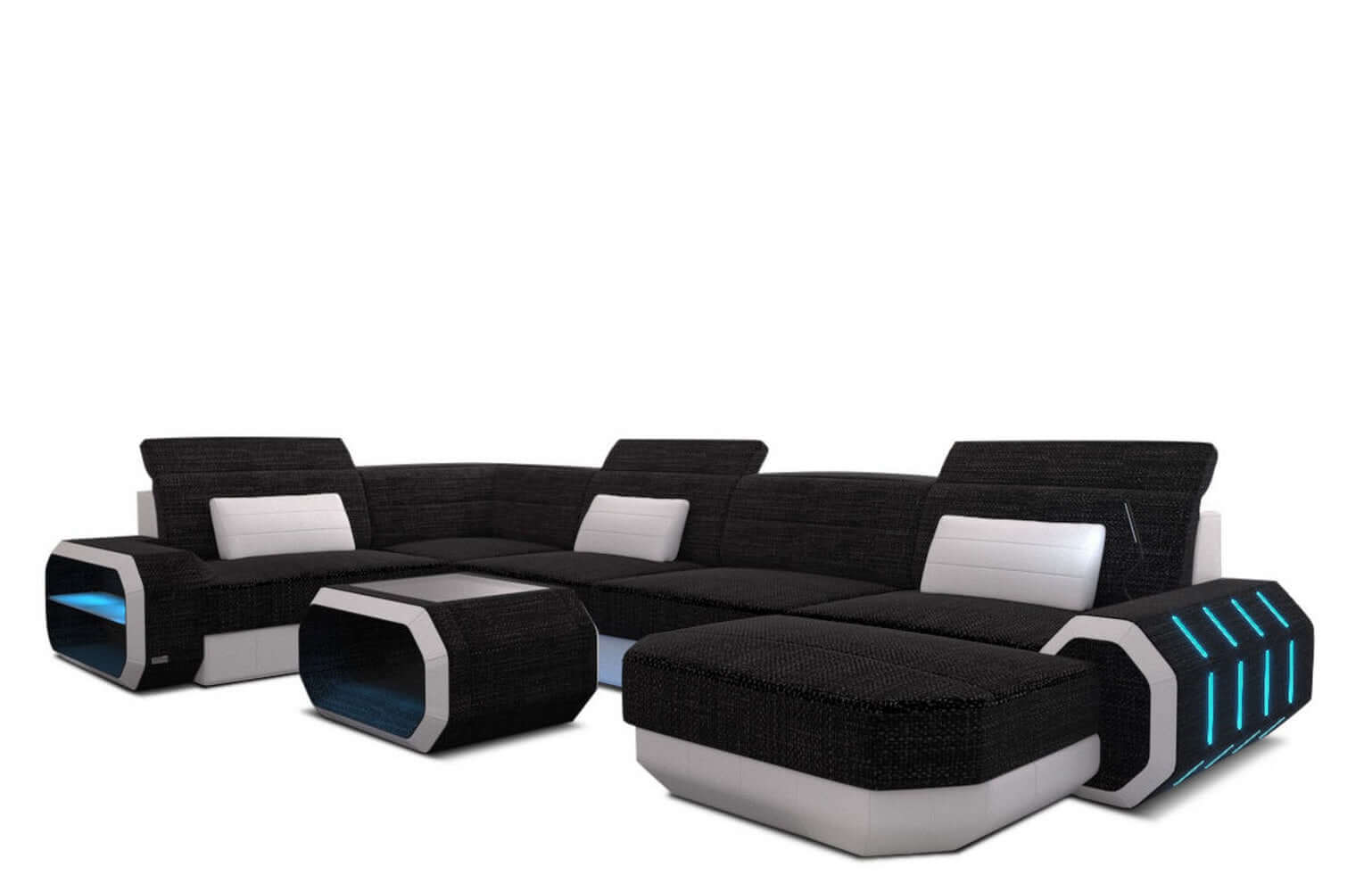 Stoff Wohnlandschaft Roma U-Form mit LED Dunkelgrau-Weiß
