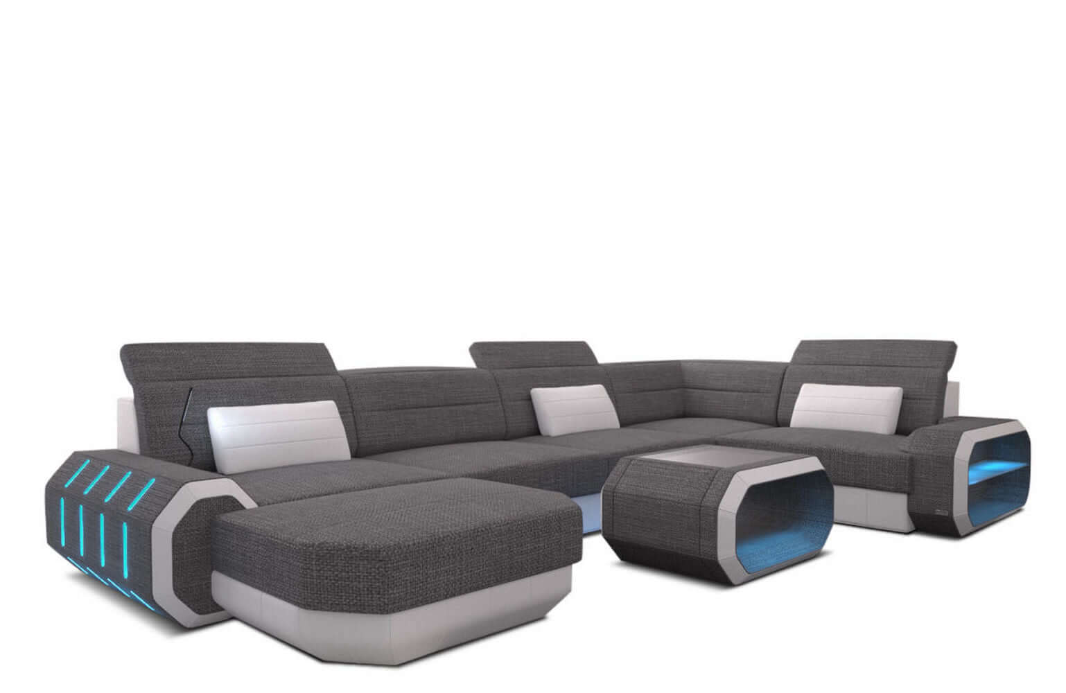 Stoff Wohnlandschaft Roma U-Form mit LED Grau-Weiß