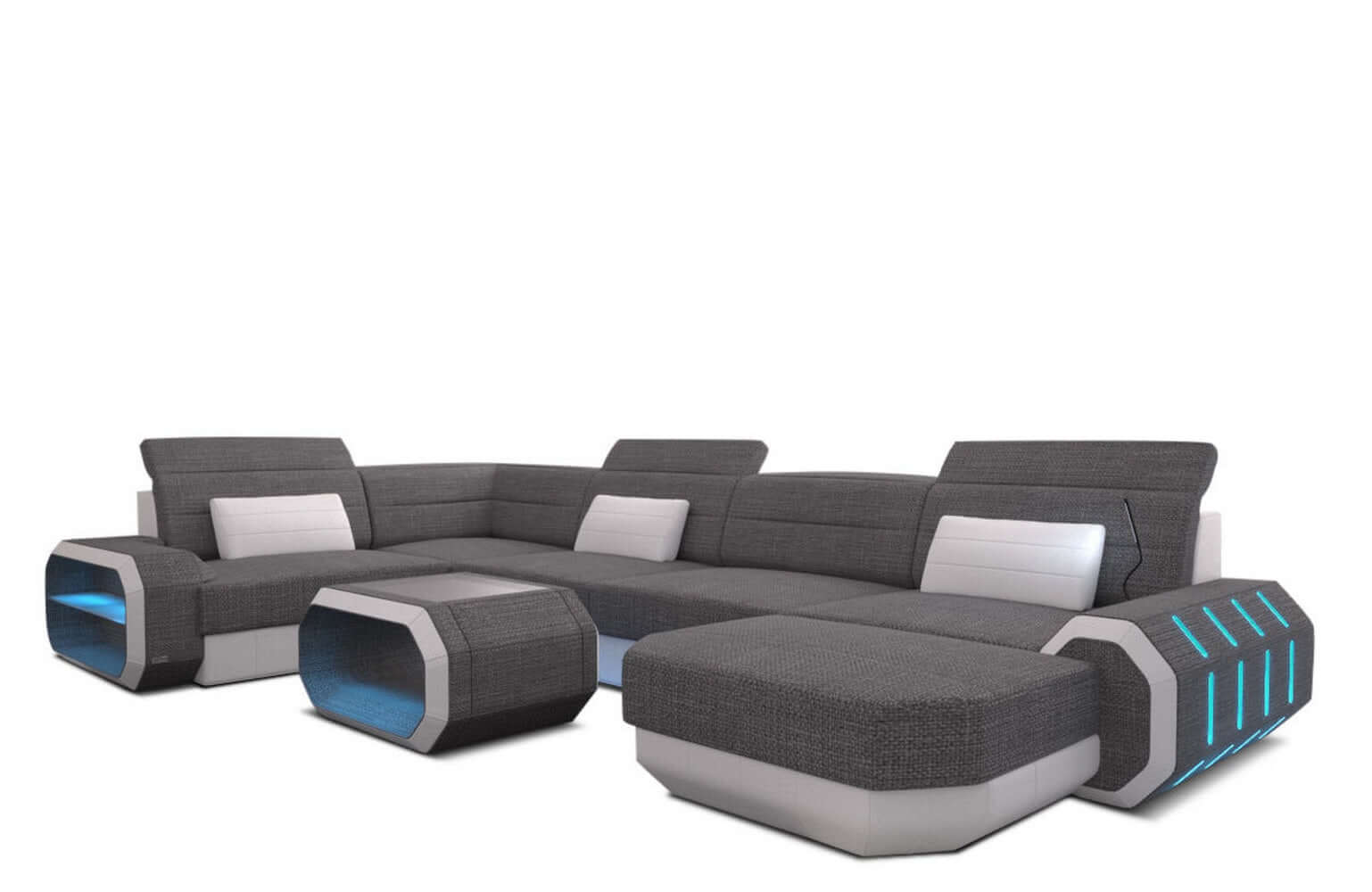 Stoff Wohnlandschaft Roma U-Form mit LED Grau-Weiß