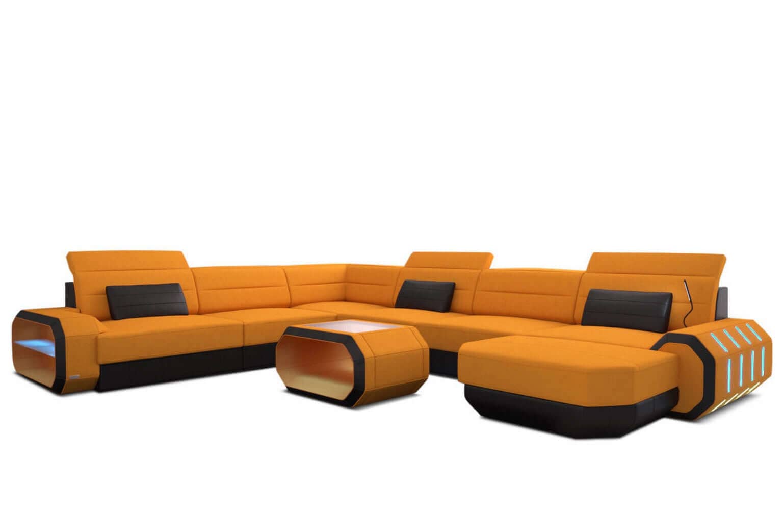 XL Stoff Wohnlandschaft Roma mit LED Apricot-Schwarz