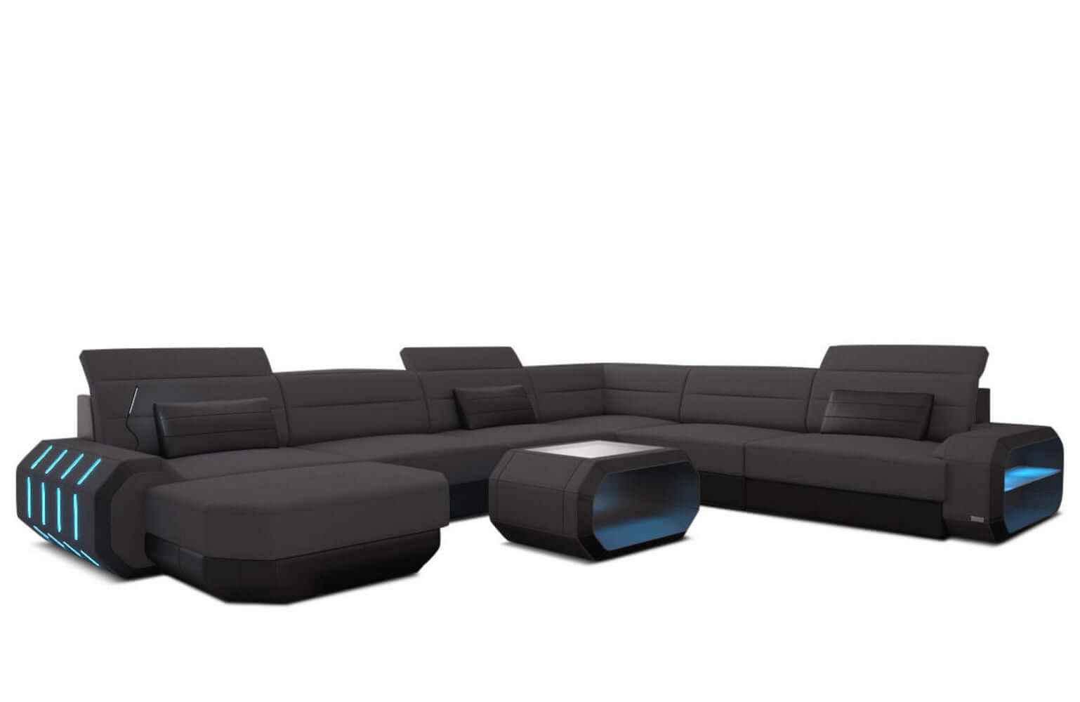 XL Stoff Wohnlandschaft Roma mit LED Dunkelgrau-Schwarz