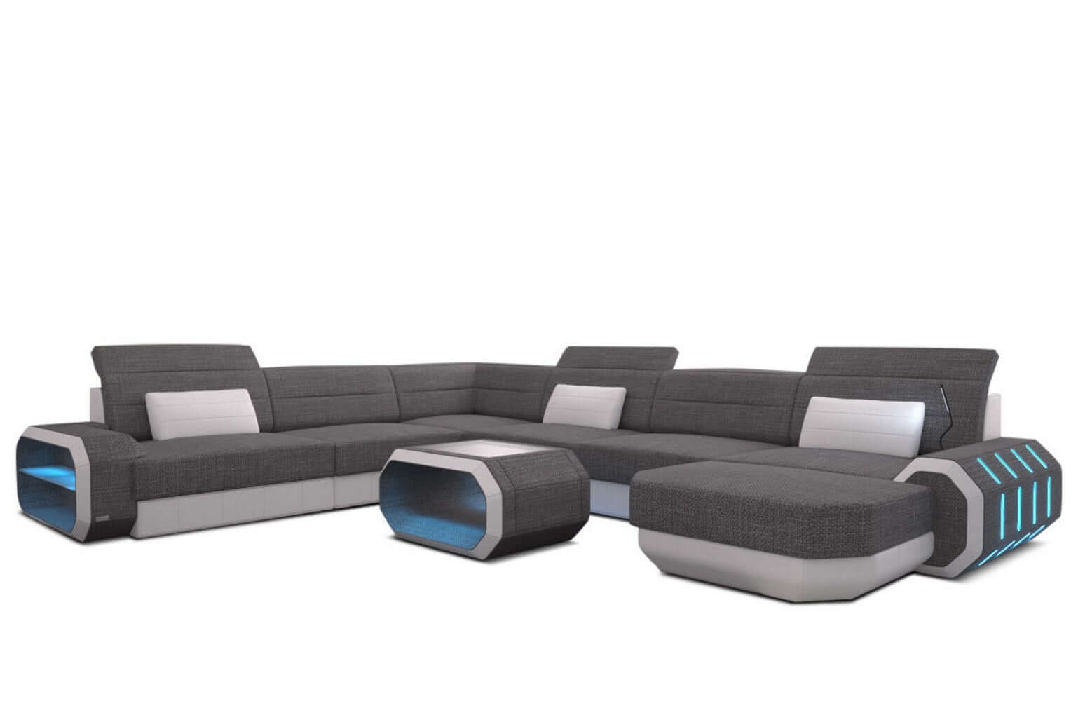 XL Stoff Wohnlandschaft Roma mit LED Grau-Weiß
