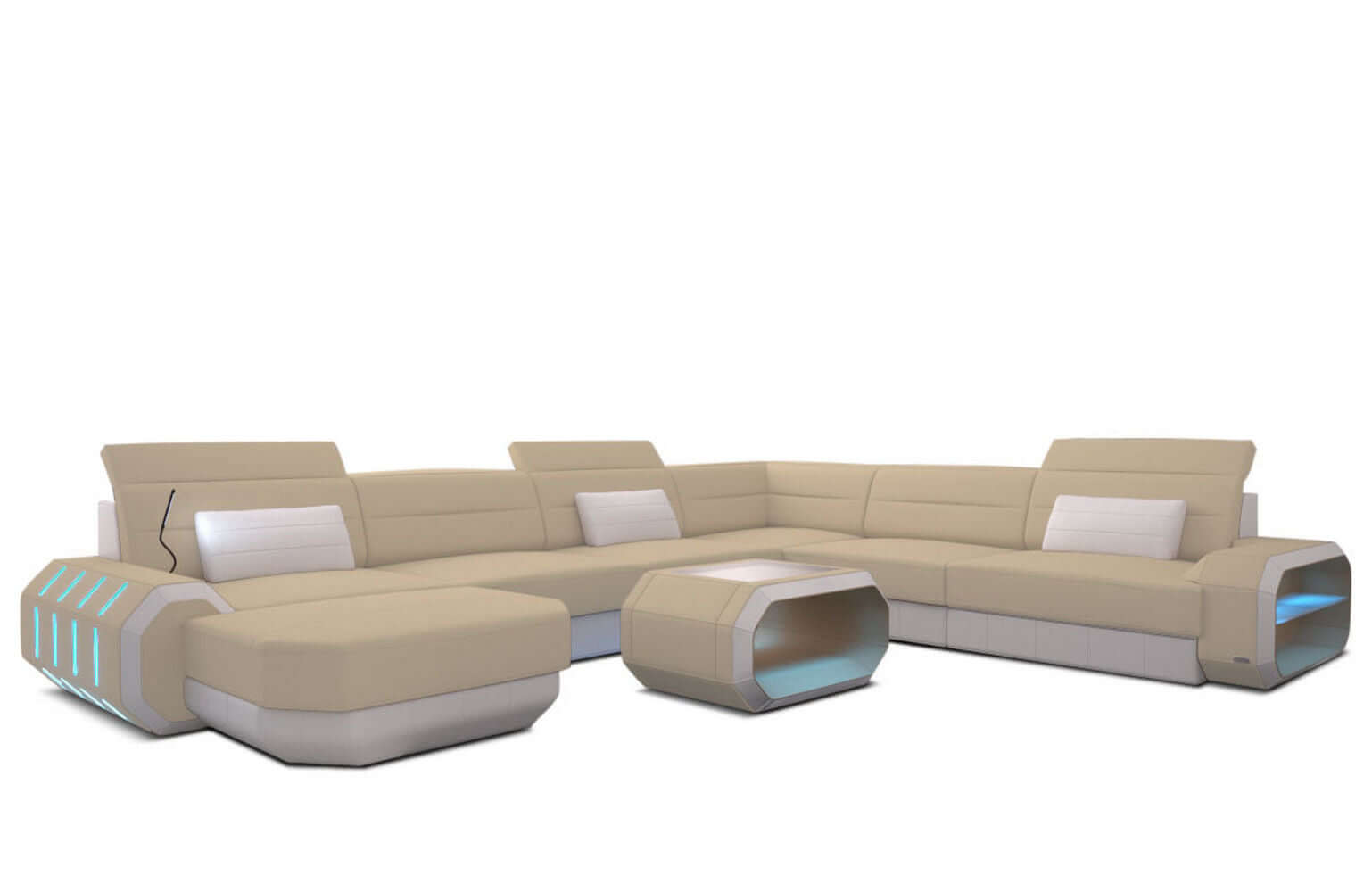 XL Stoff Wohnlandschaft Roma mit LED Beige-Weiß