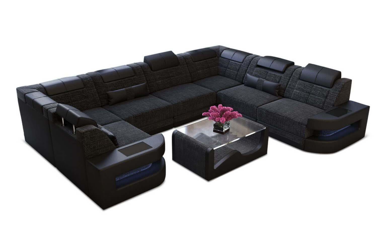 Stoff Wohnlandschaft Como U-Form mit LED Schwarzgrau-Schwarz