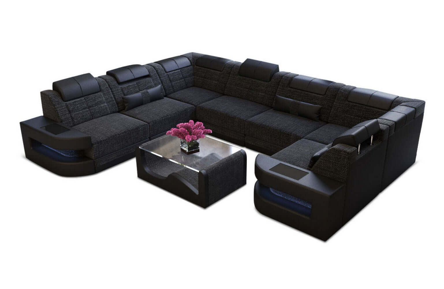 Stoff Wohnlandschaft Como U-Form mit LED Schwarzgrau-Schwarz