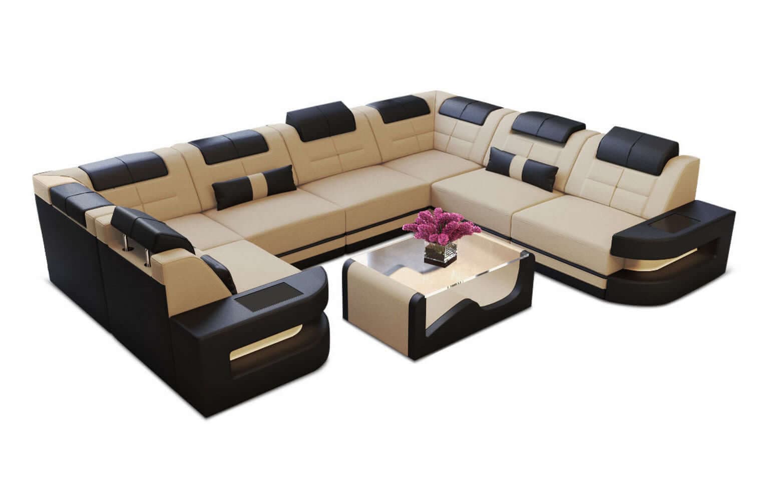 Stoff Wohnlandschaft Como U-Form mit LED Beige-Schwarz