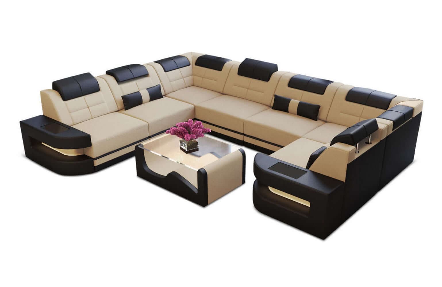 Stoff Wohnlandschaft Como U-Form mit LED Beige-Schwarz