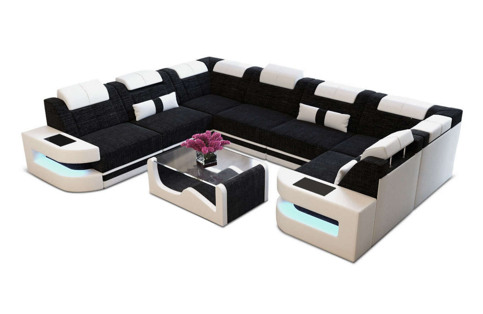 Stoff Wohnlandschaft Como U-Form mit LED Dunkelgrau-Weiß