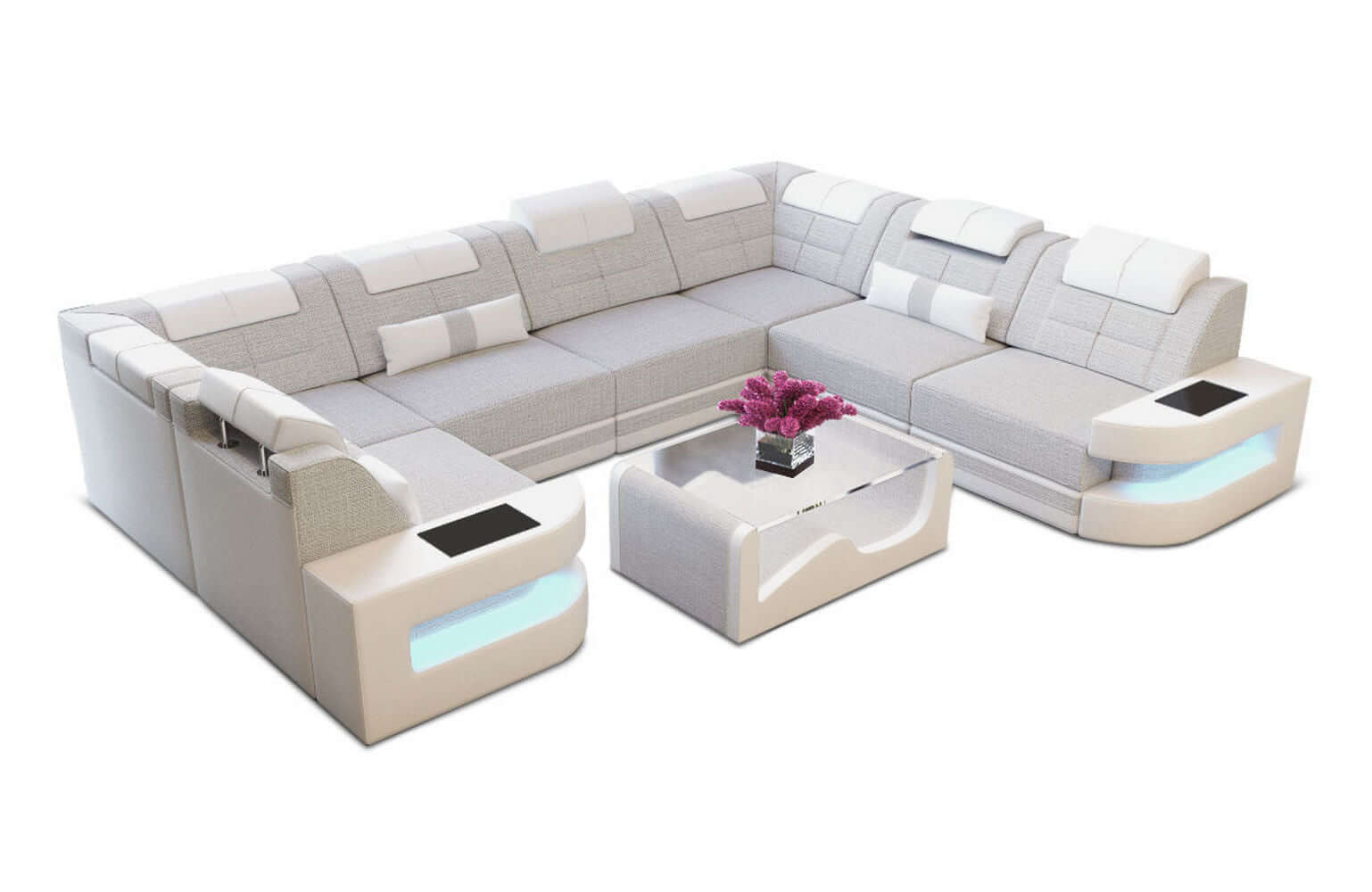 Stoff Wohnlandschaft Como U-Form mit LED Macchiato-Weiß