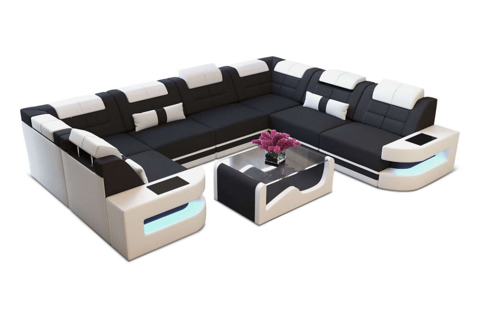 Stoff Wohnlandschaft Como U-Form mit LED Schwarz-Weiß