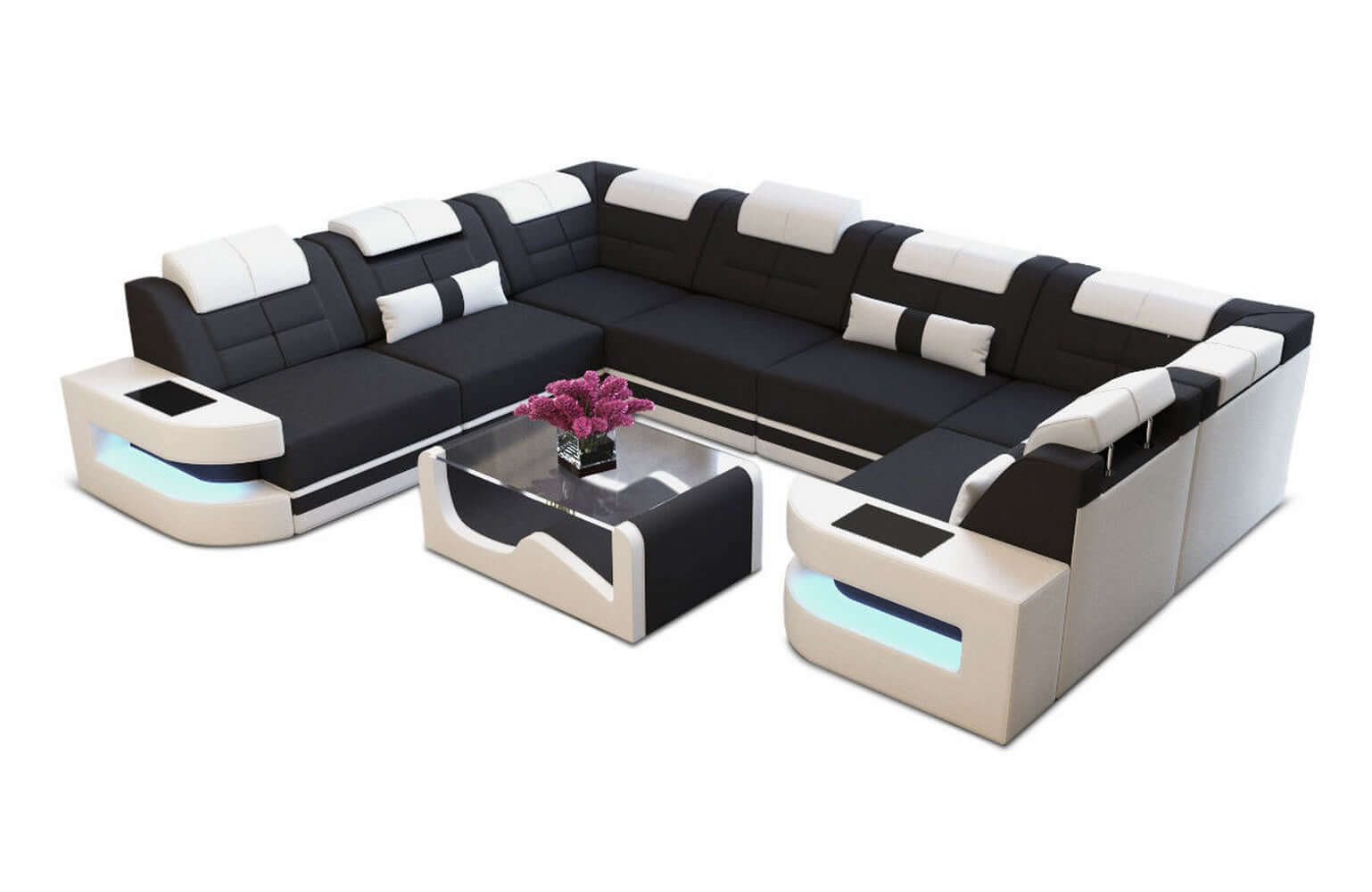 Stoff Wohnlandschaft Como U-Form mit LED Schwarz-Weiß
