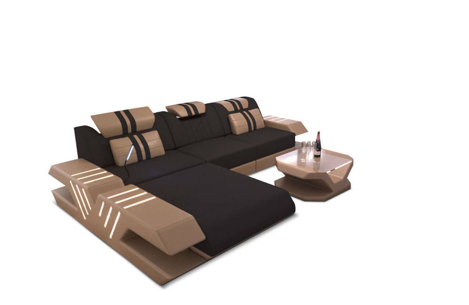 Stoff Sofa Venedig L-Form mit LED Schwarz-Sandbeige