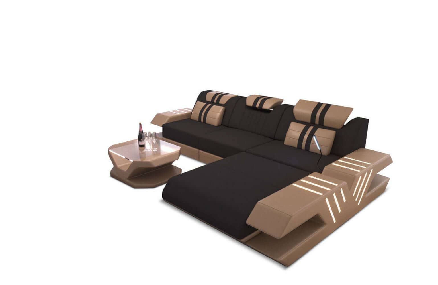 Stoff Sofa Venedig L-Form mit LED Schwarz-Sandbeige