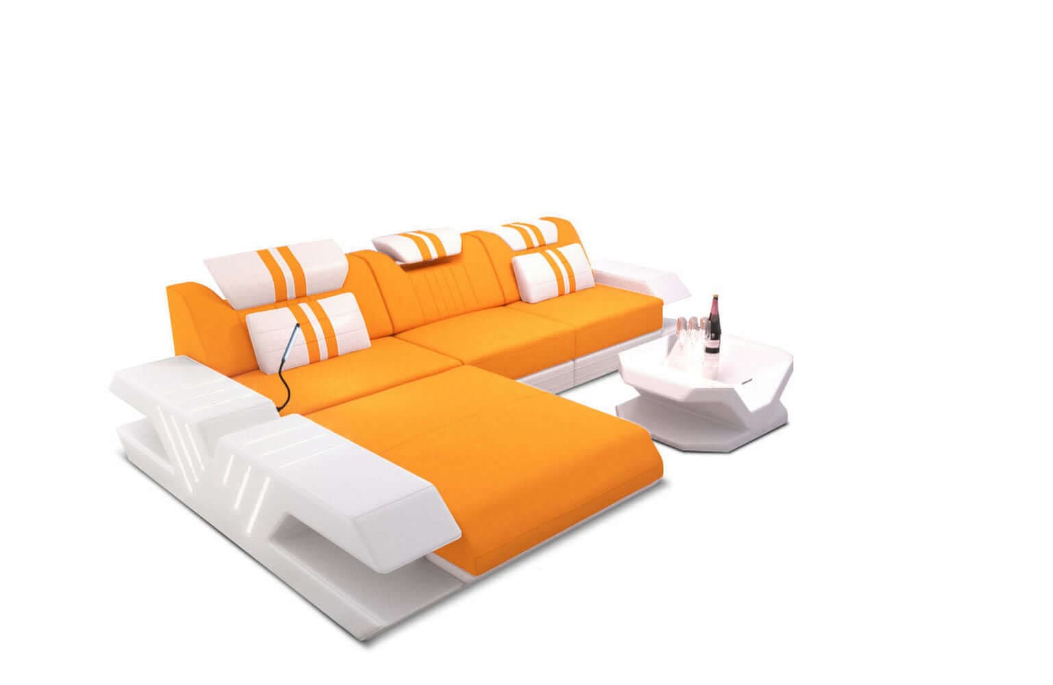 Stoff Sofa Venedig L-Form mit LED Apricot-Weiß