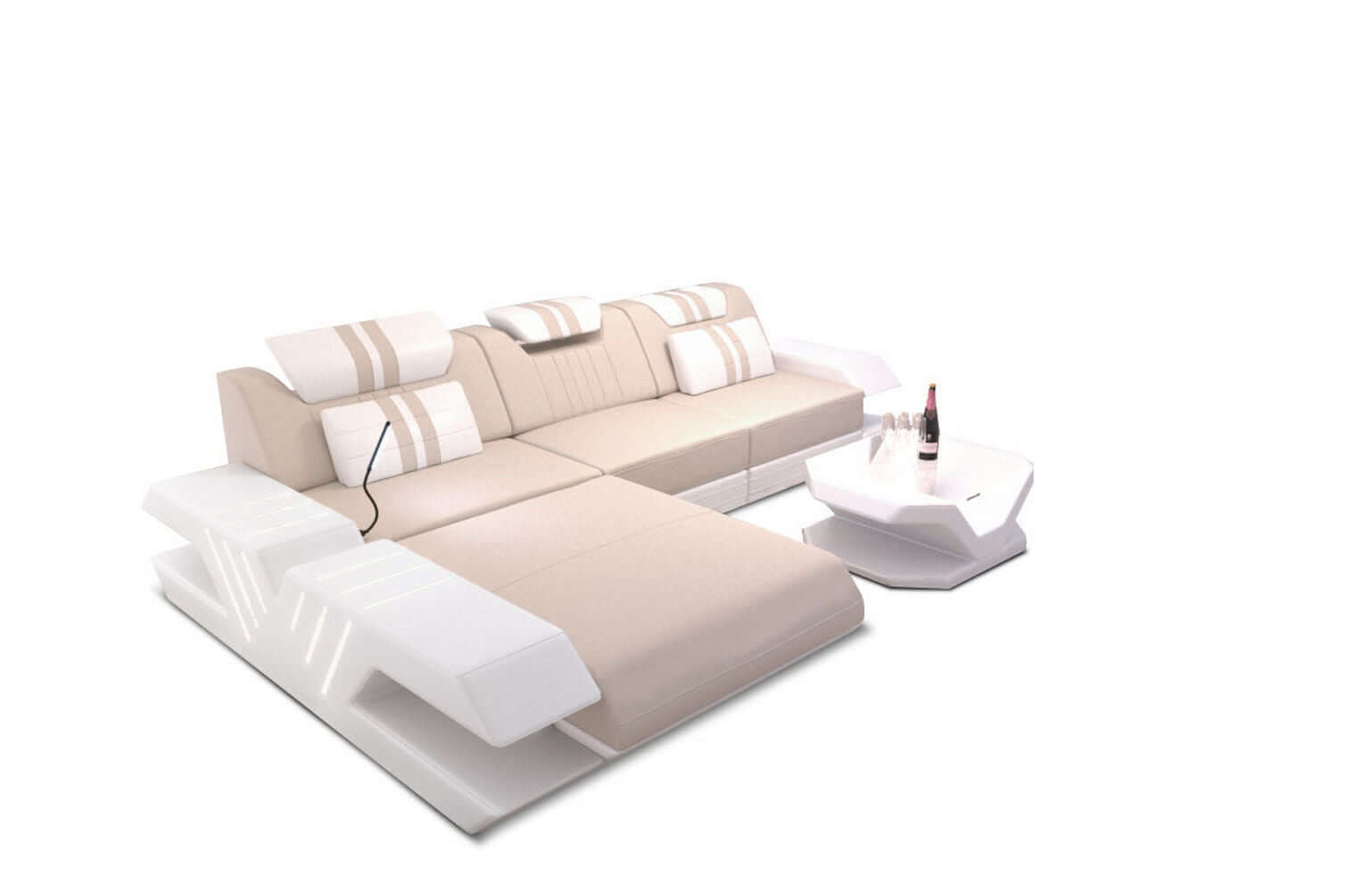 Stoff Sofa Venedig L-Form mit LED Elfenbein-Weiß
