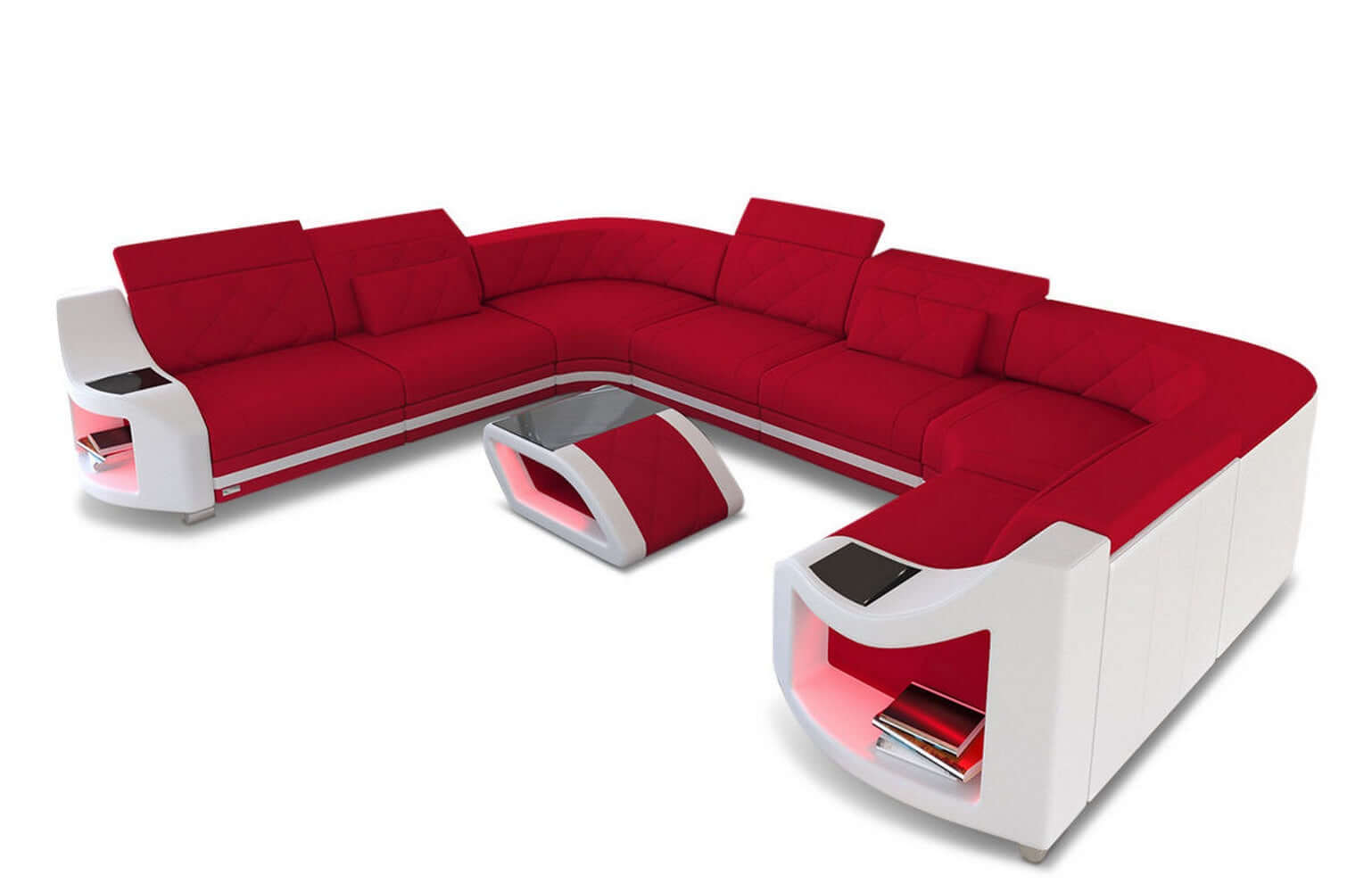 Couchlandschaft Genua U-Form in Stoff Rot-Weiß