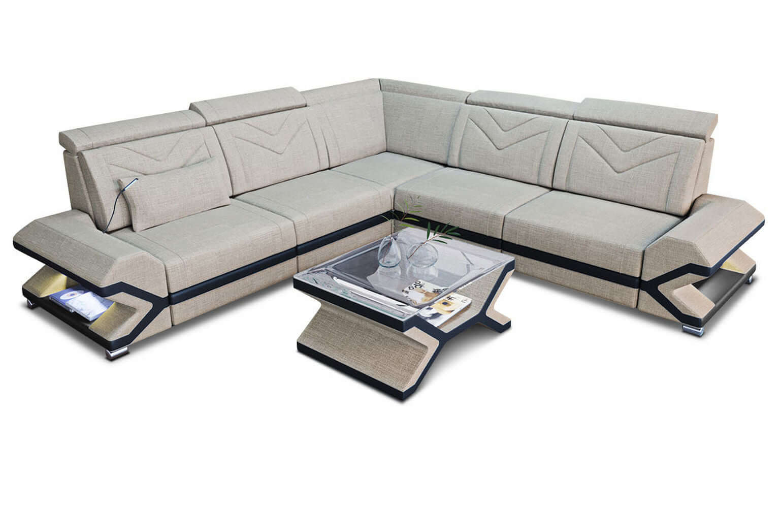 Ecksofa Sorrento L-Form aus Stoff Elfenbein-Schwarz