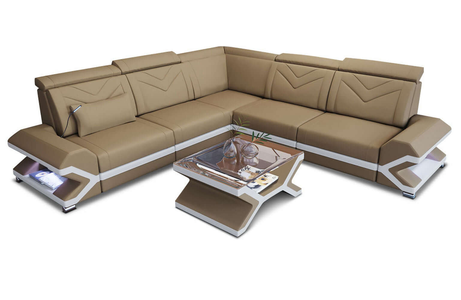 Ecksofa Sorrento L-Form aus Stoff Cappuccino-Weiß