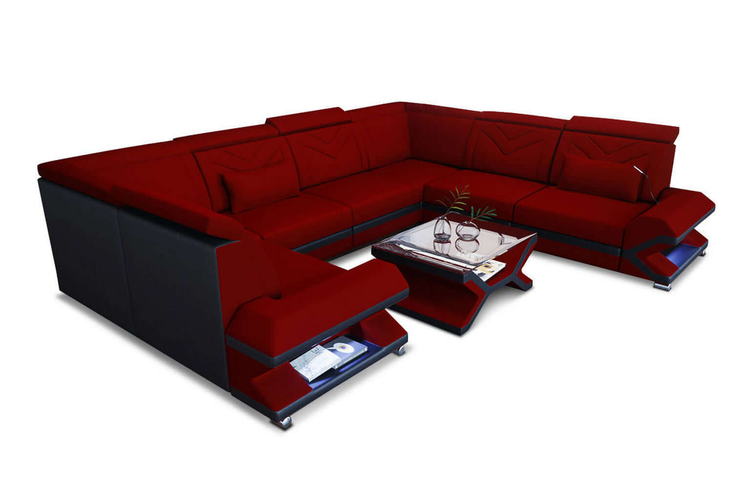 Wohnlandschaft Sorrento U-Form aus Stoff Dunkelrot-Schwarz