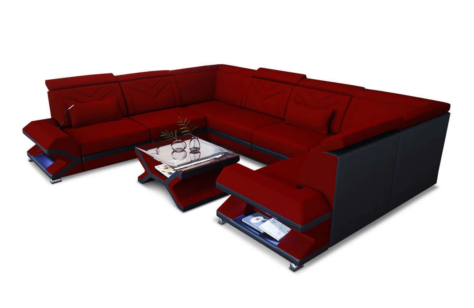 Wohnlandschaft Sorrento U-Form aus Stoff dunkelrot-schwarz