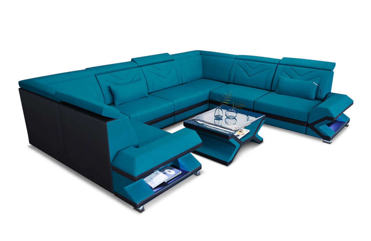 Stoff Wohnlandschaft Sorrento – Komfort & Stil Azurblau-Schwarz