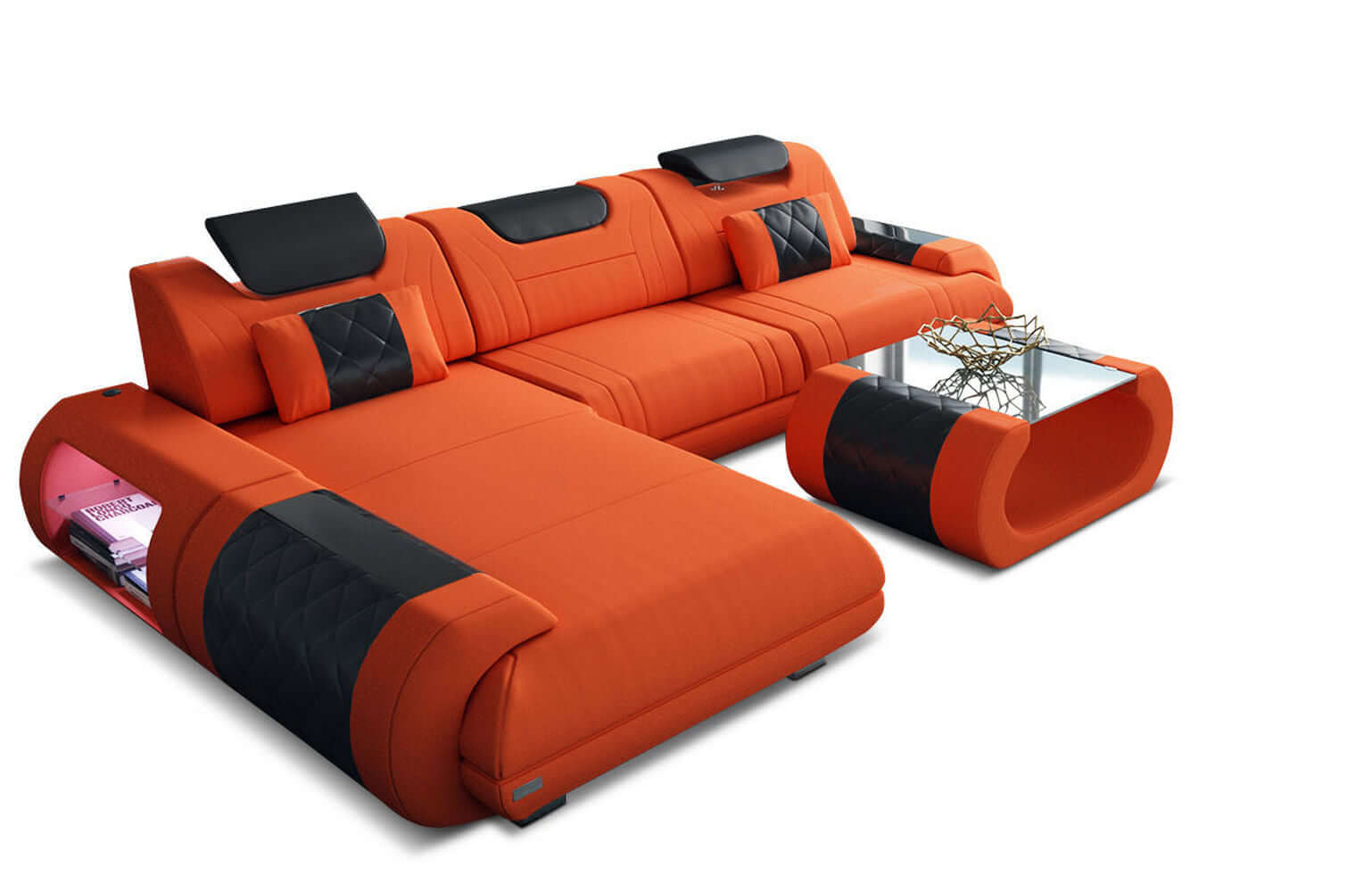 Stoffsofa Rimini L-Form – Modern und Bequem Orange-Schwarz