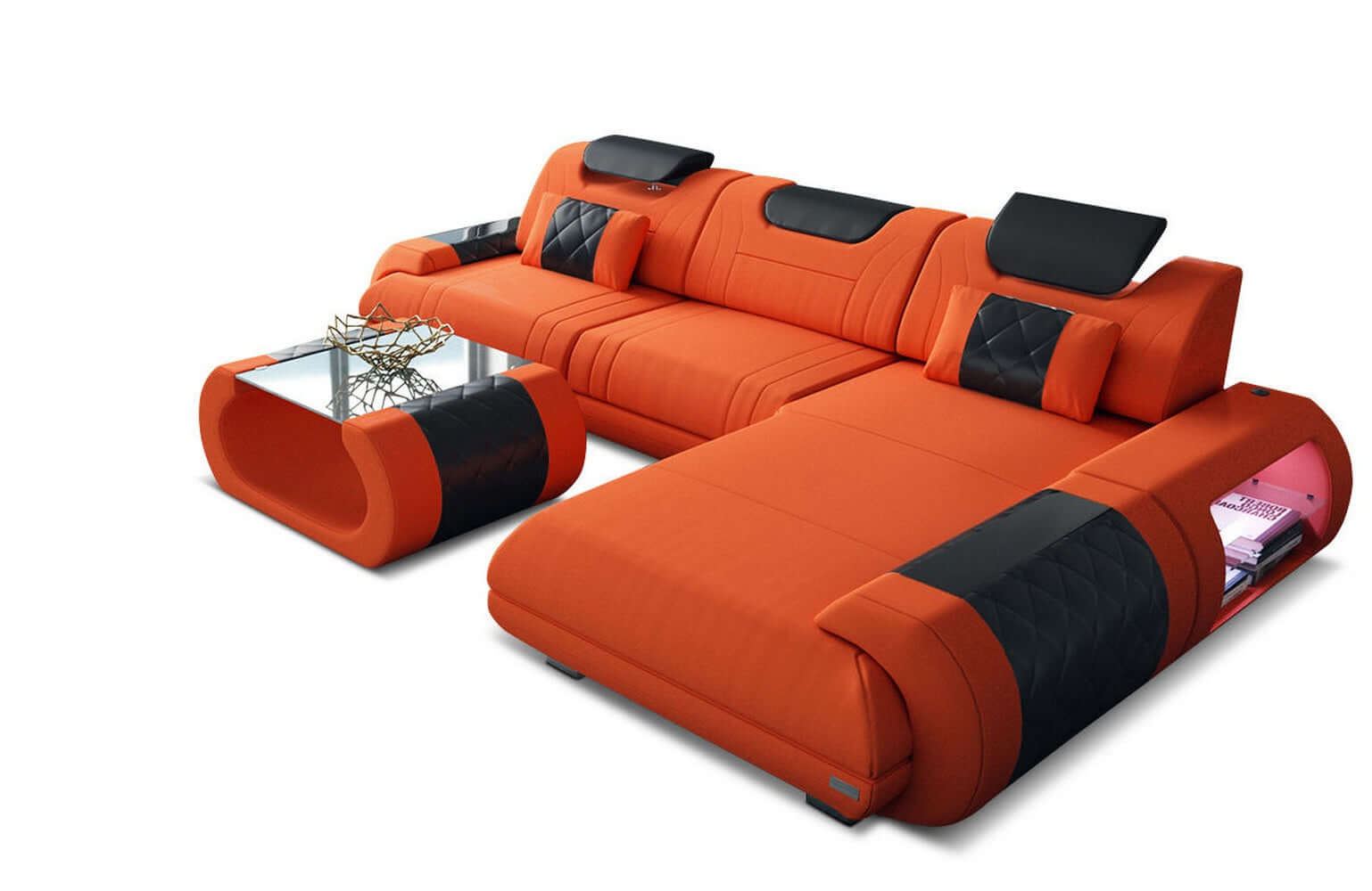 Stoffsofa Rimini L-Form – Modern und Bequem Orange-Schwarz