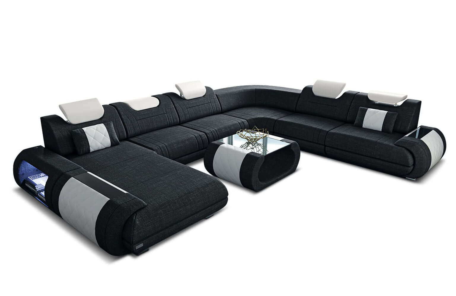 XXL Stoff Wohnlandschaft Rimini – Modern & Bequem Dunkelgrau-Weiß