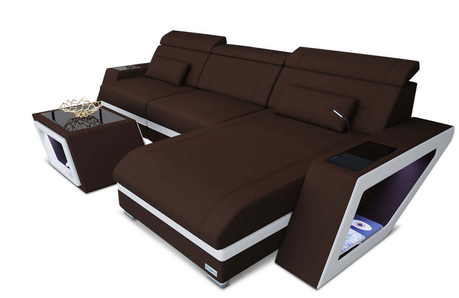 Ecksofa Catania L-Form aus Stoff Dunkelbraun-Weiß