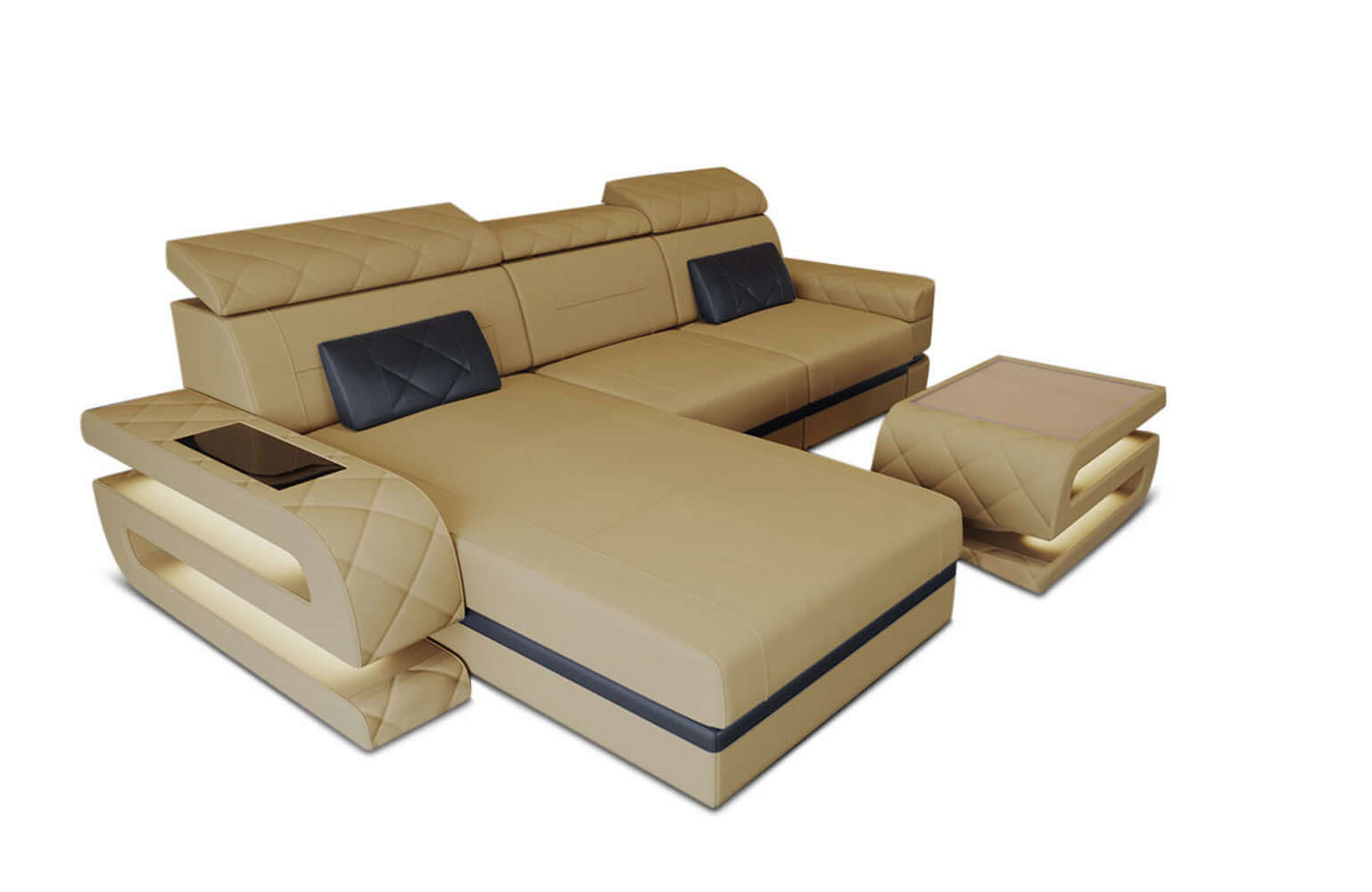 Ecksofa Bologna L-Form aus Stoff Beige-Schwarz