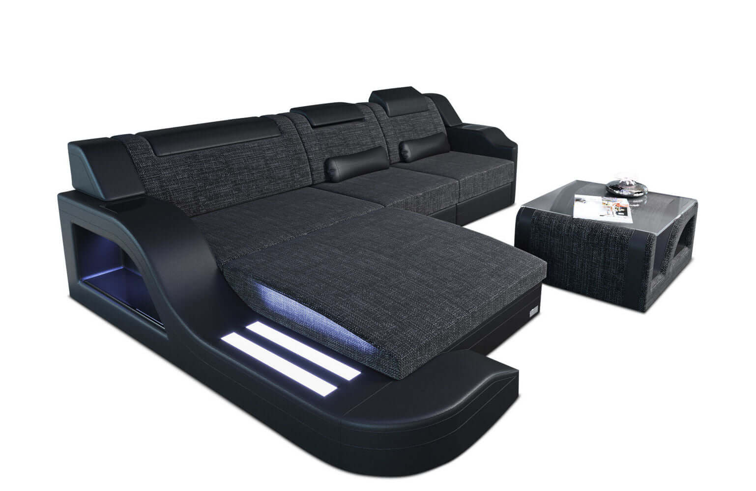 Stoffcouch Materialmix Palermo L-Form LED Schwarzgrau-Schwarz