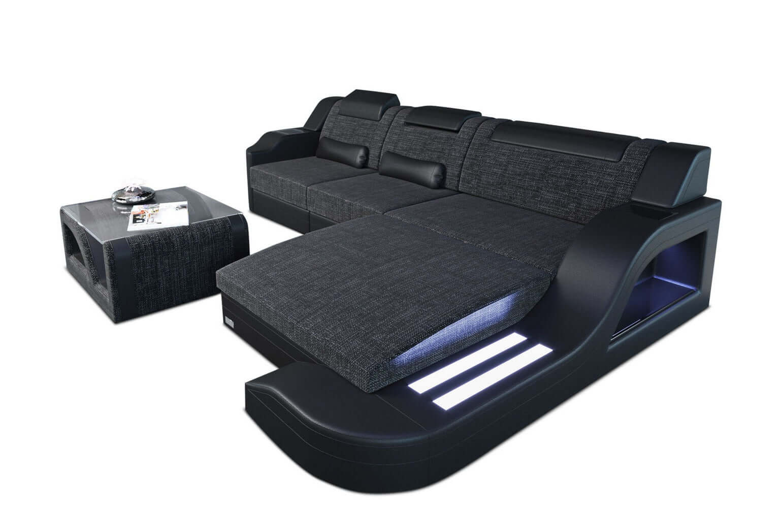 Stoffcouch Materialmix Palermo L-Form LED Schwarzgrau-Schwarz
