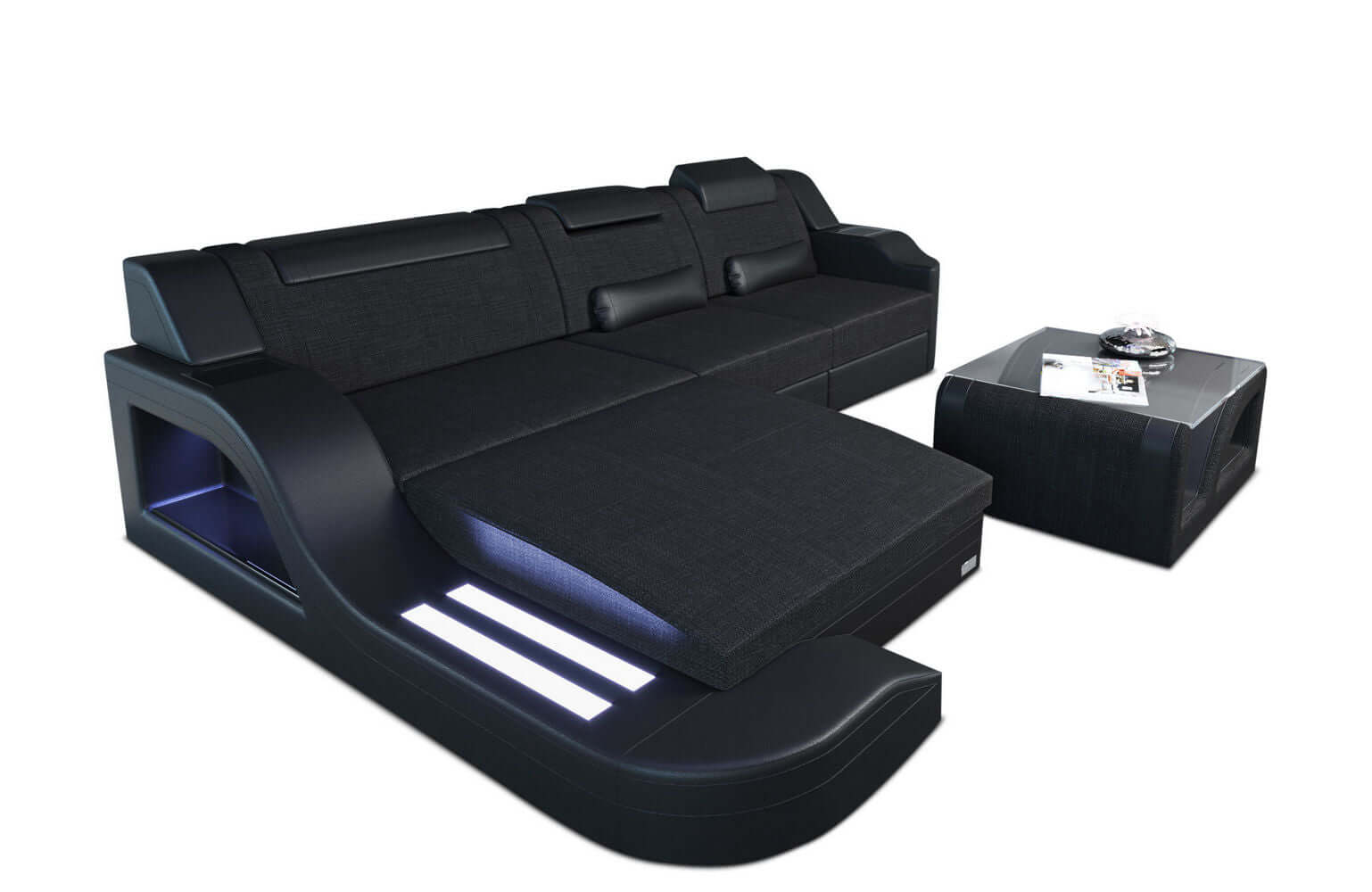 Stoffcouch Materialmix Palermo L-Form LED Schwarz-Schwarz