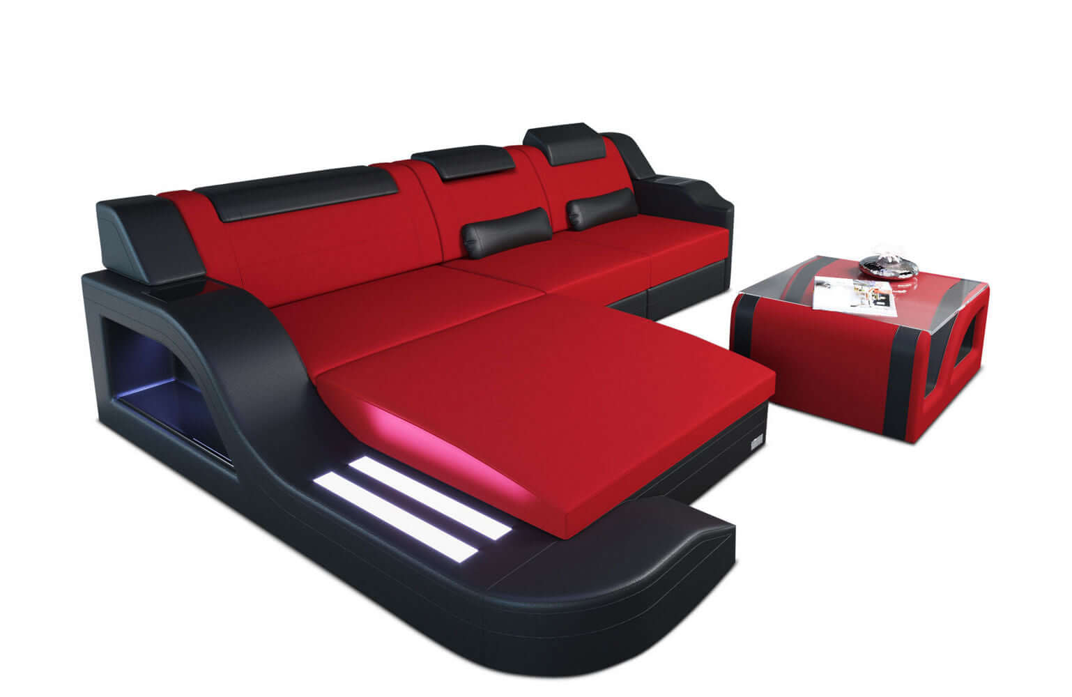 Stoffcouch Materialmix Palermo L-Form LED Rot-Schwarz