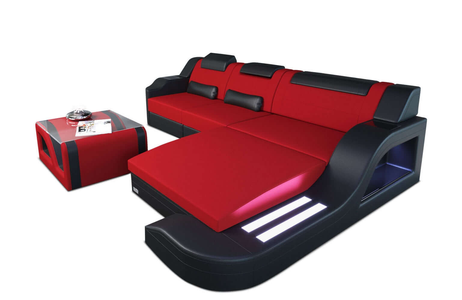 Stoffcouch Materialmix Palermo L-Form LED Rot-Schwarz