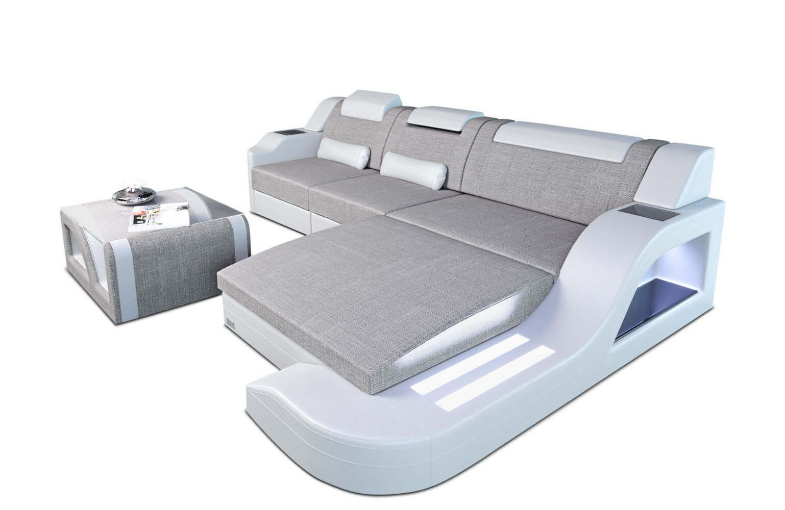 Stoffcouch Materialmix Palermo L-Form LED Macchiato-Weiß