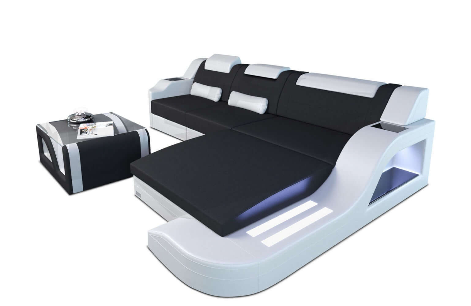 Stoffcouch Materialmix Palermo L-Form LED Schwarz-Weiß
