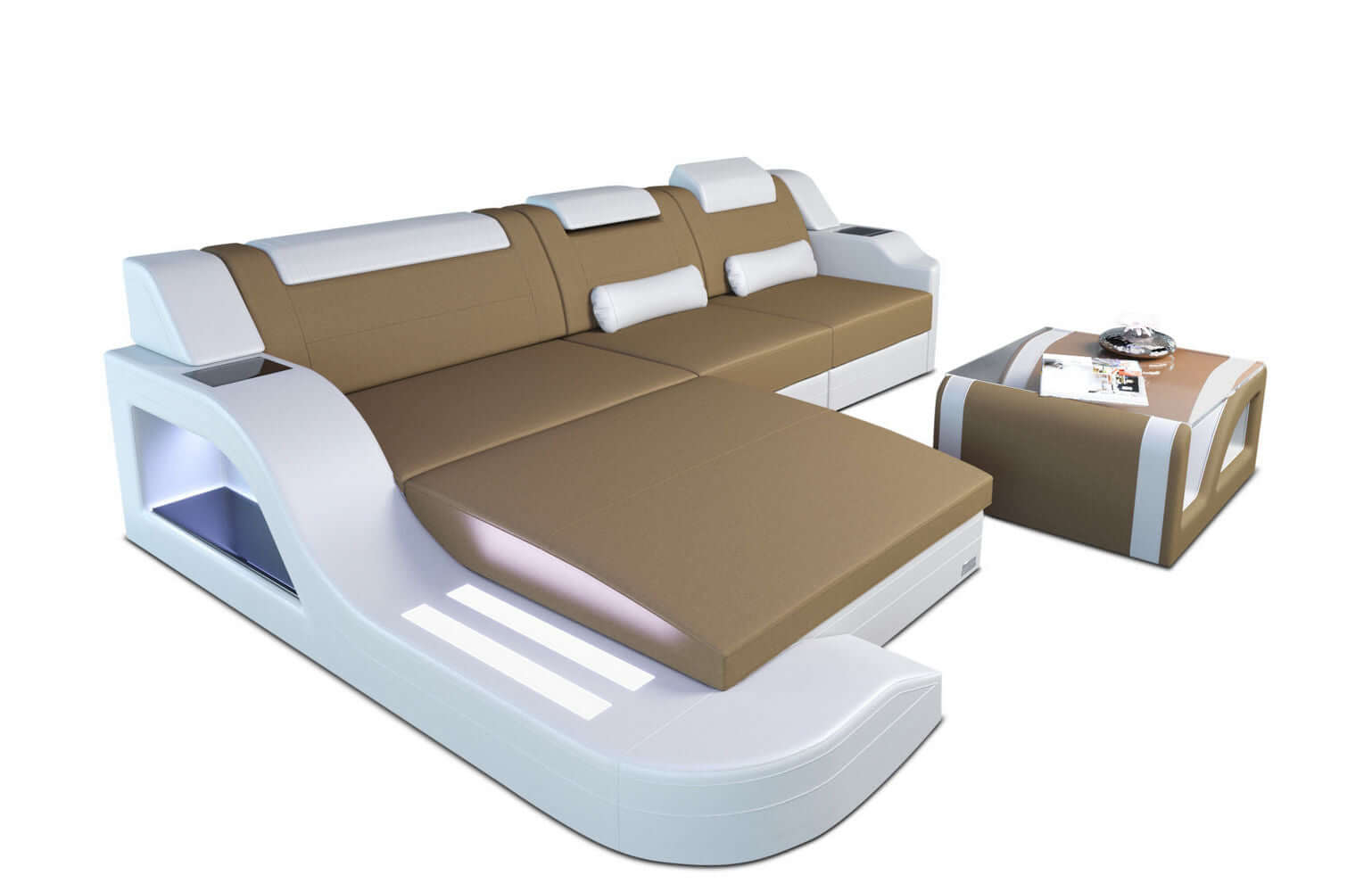 Stoffcouch Materialmix Palermo L-Form LED Cappuccino-Weiß