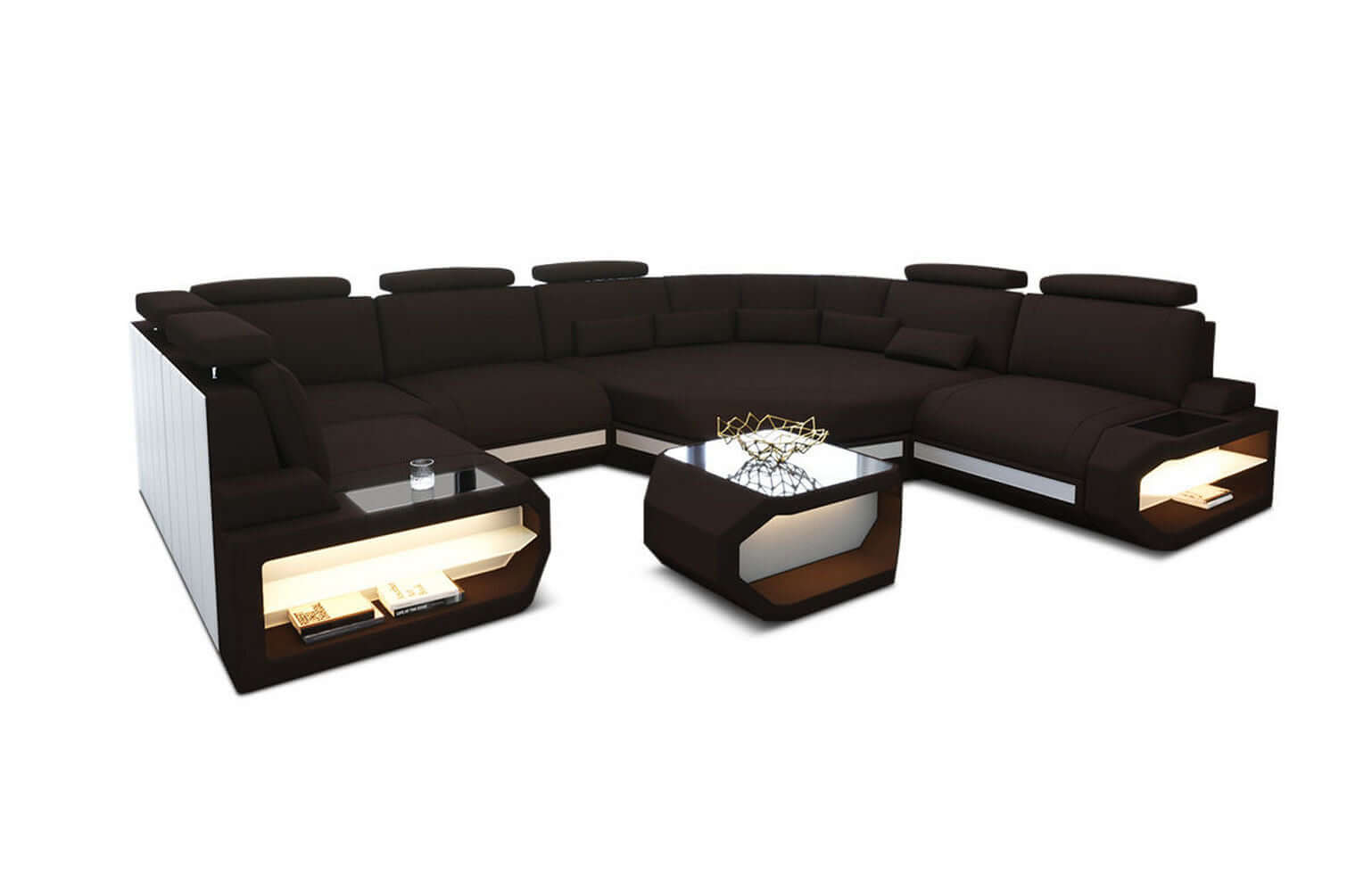 Mini Wohnlandschaft Asti U-Form aus Stoff Mokka-Weiß
