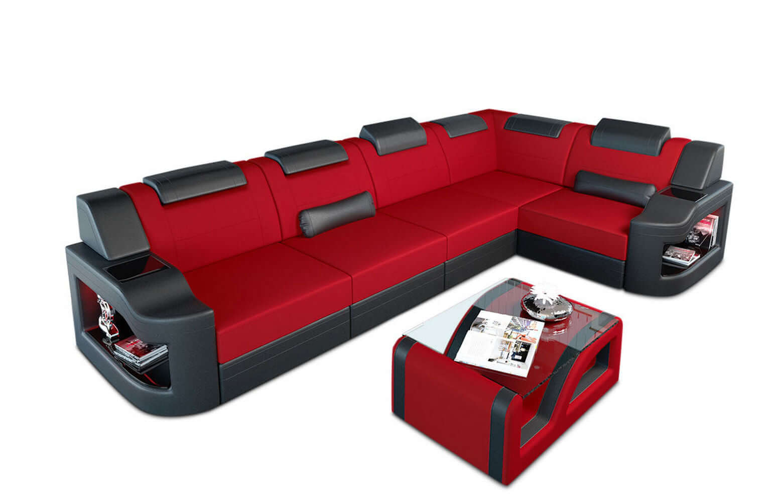 Stoff Ecksofa Padua L-Form Rot-Schwarz